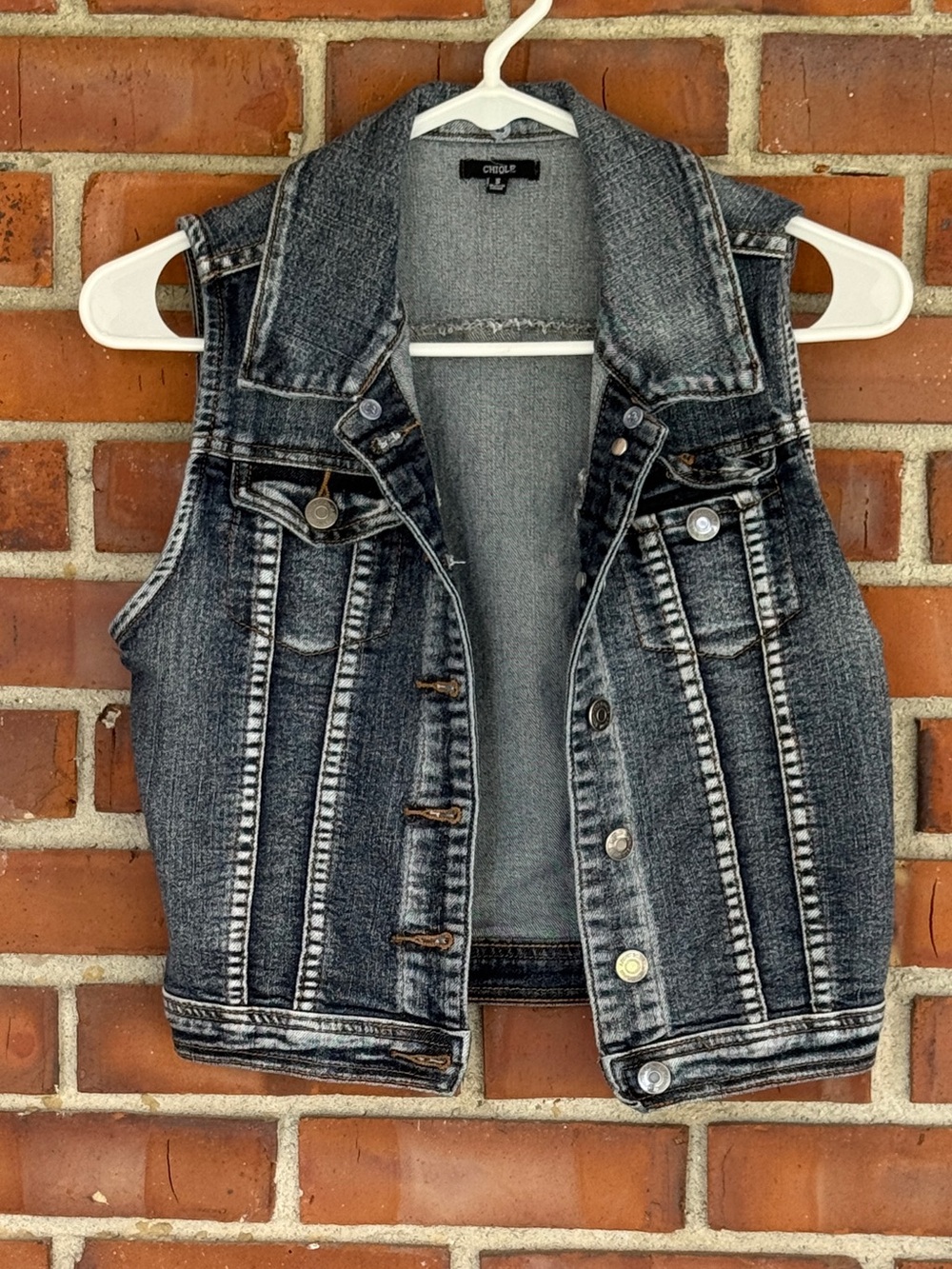 Chiqle Women’s  Distressed Acid Wash Black Denim Vest Small